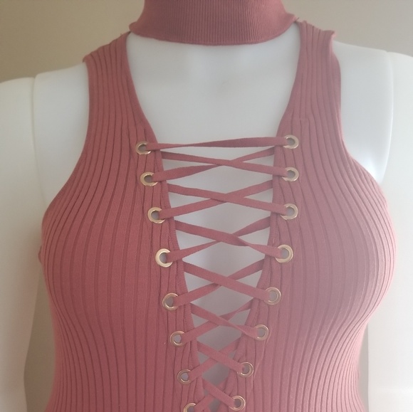 Sexy ribbed fitted body con lace up dress - Picture 2 of 4